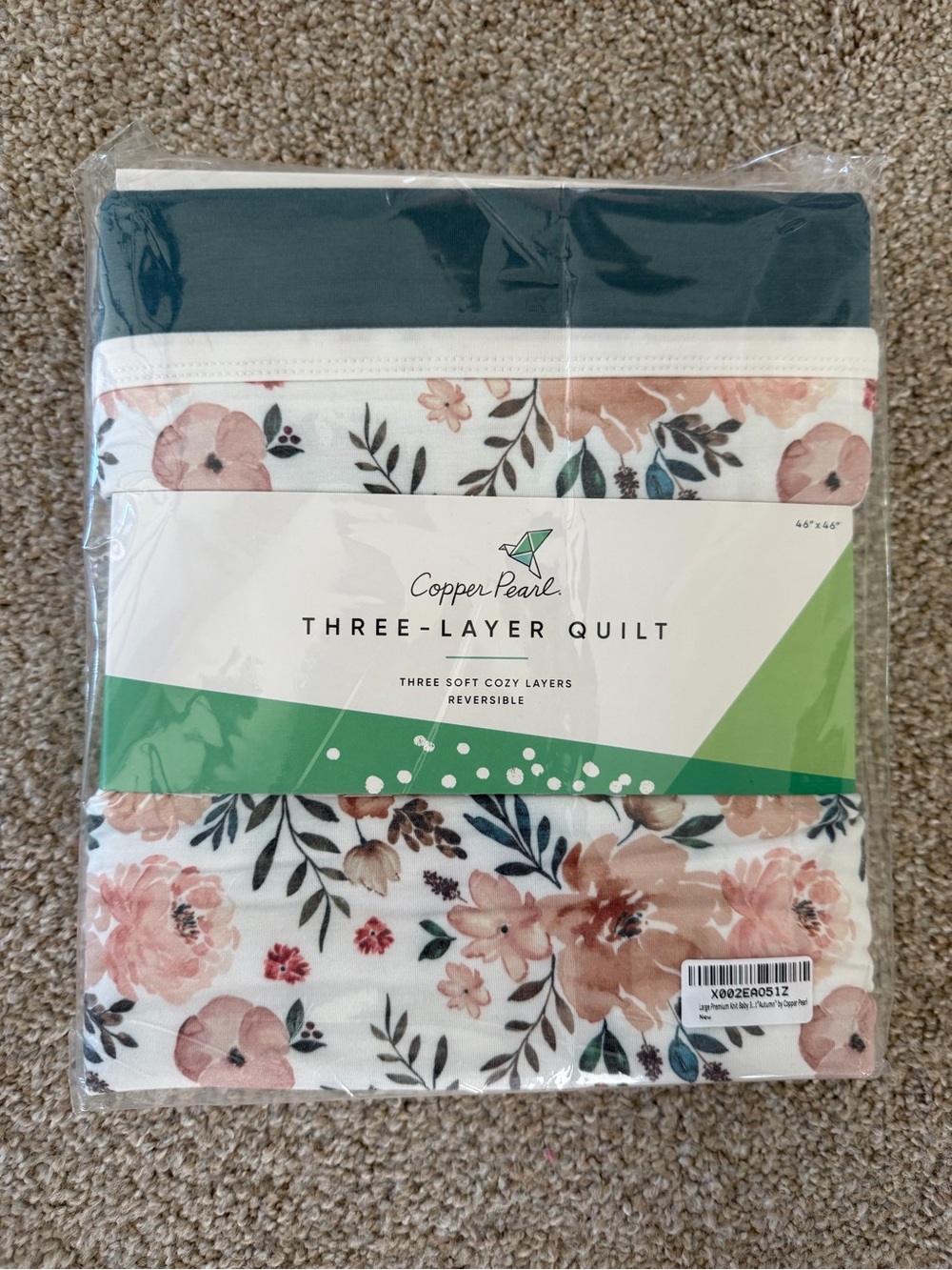 Baby Blabket- Copper Pearl Reversible Floral, 3 Layer Quilt -Blush Floral & Teal